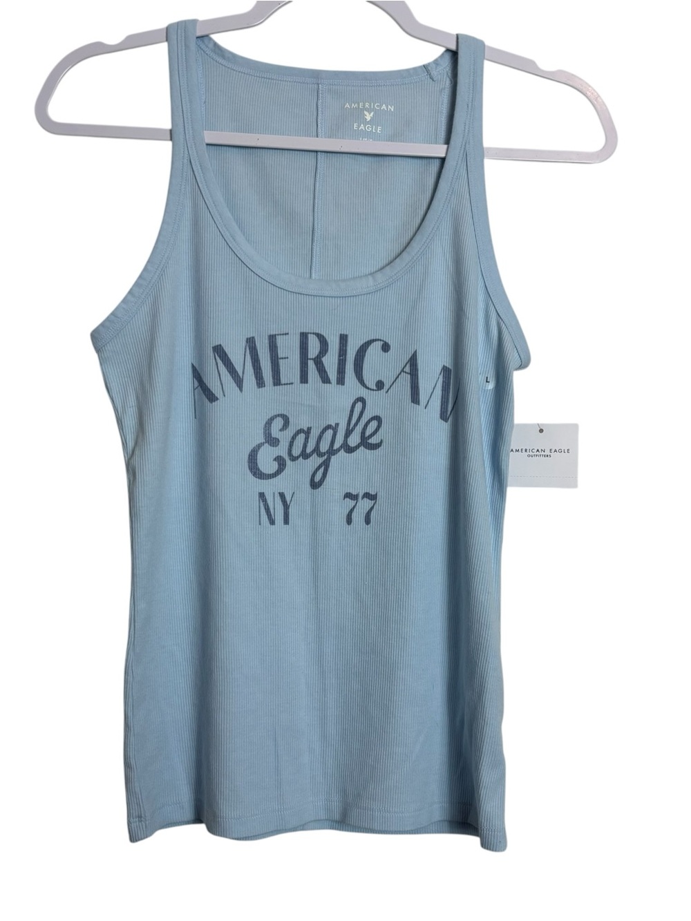 American Eagle Outfitters Light Blue Graphic Ribbed Tank Top